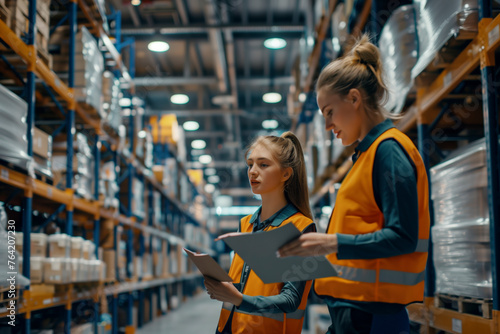 Two women in orange vests are standing in a warehouse, looking at papers. Scene is serious and focused, as the women are likely discussing important information related to their work © BrightSpace