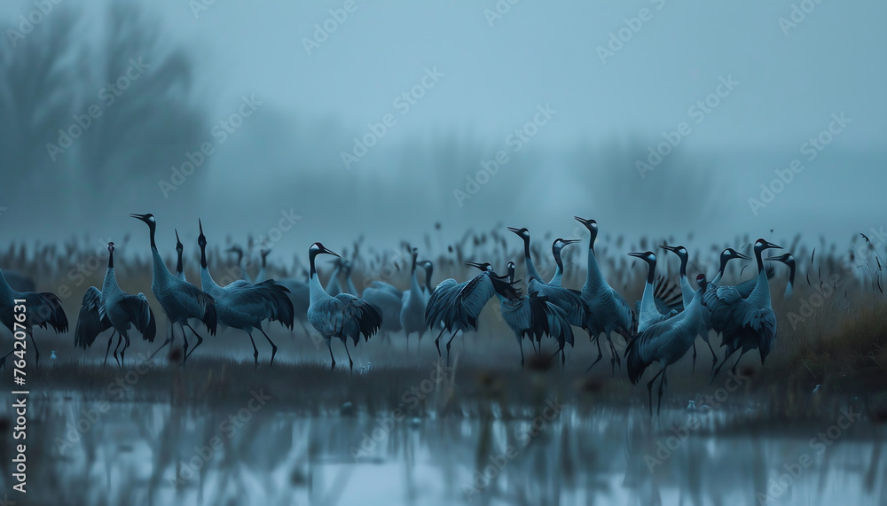 Naklejka premium Birds in the fog. Close-up of a flock of cranes in a mating dance in a swampy meadow at morning in thick fog.
