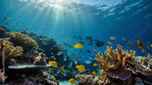 An underwater scene with colorful coral reefs and diverse marine life, highlighting the beauty and fragility of ocean ecosystems. © Владлена Демидова