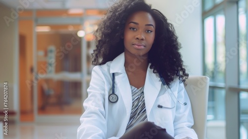 professional photograph beautiful 25-year-old blonde woman sitting chair hospital facing camera eye level wearing medical scrubs lab coat healthcare nurse doctor young attractive female portrait blond