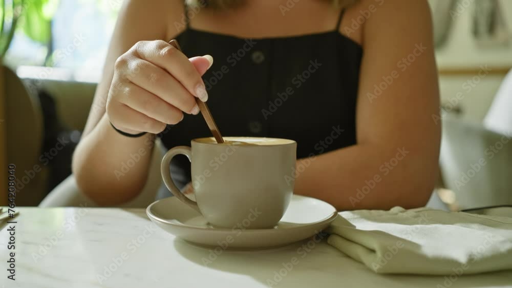 A woman stirs a coffee cup at a cafe table, illustrating a casual breakfast or brunch scene. A woman stirs a coffee cup at a cafe table, illustrating a casual breakfast or brunch scene.