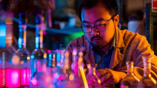Engaged scientist analyzing samples in a neon-lit laboratory. Researcher conducts experiments in a vibrant lab setting. Biotechnologist working with colorful test tubes in a scientific study.
