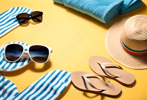 beach accessories on the yellow background - sunglasses, towel. flip-flops and striped hat. summer is coming concept