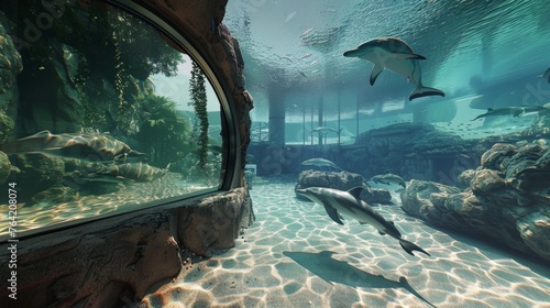 Group of Dolphins Swimming in Aquarium photo
