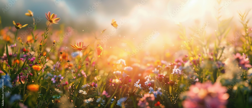 Sunset in the field. Panorama of a flowery meadow in the bright rays of the morning sun with a blurry light background. Sunset in the field. Panorama of a flowery meadow in the bright rays of the morning sun with a blurry light background.