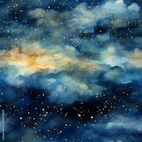 Abstract starry night with golden specks. Seamless file.