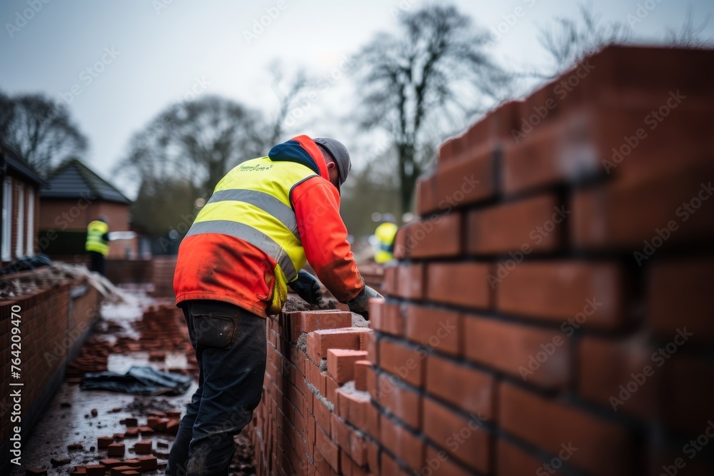 Experienced construction worker expertly erecting a durable red brick wall with trowel and brick