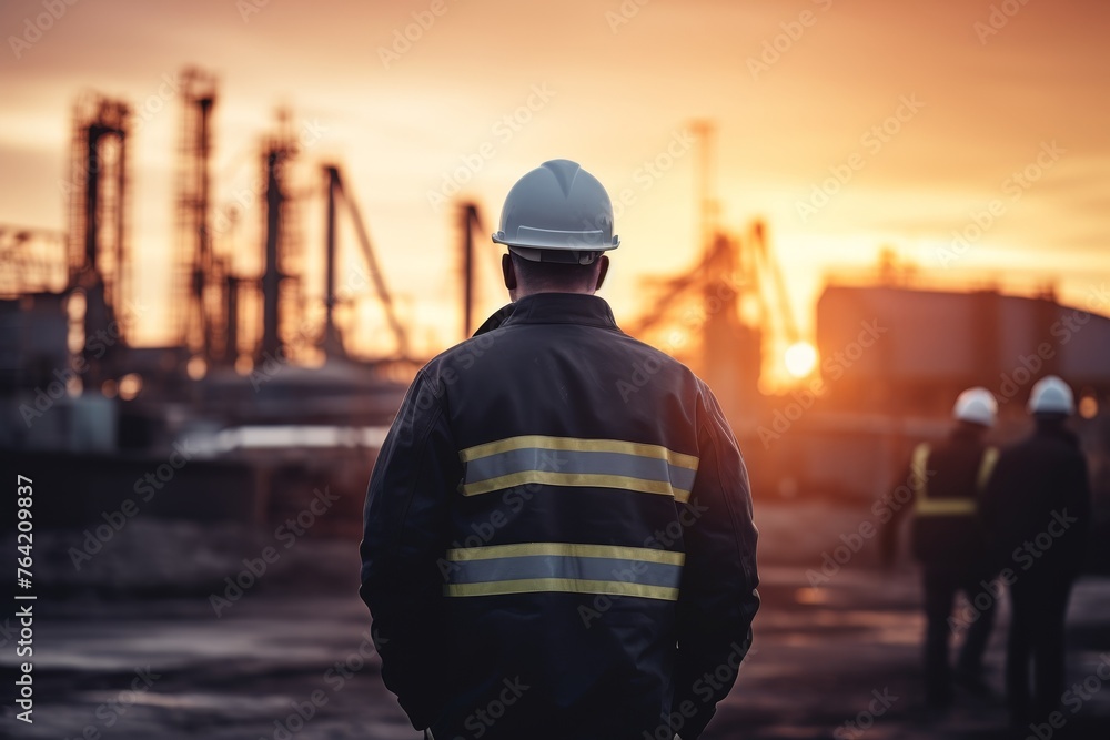 Silhouette of engineering team working at construction site with sunset background