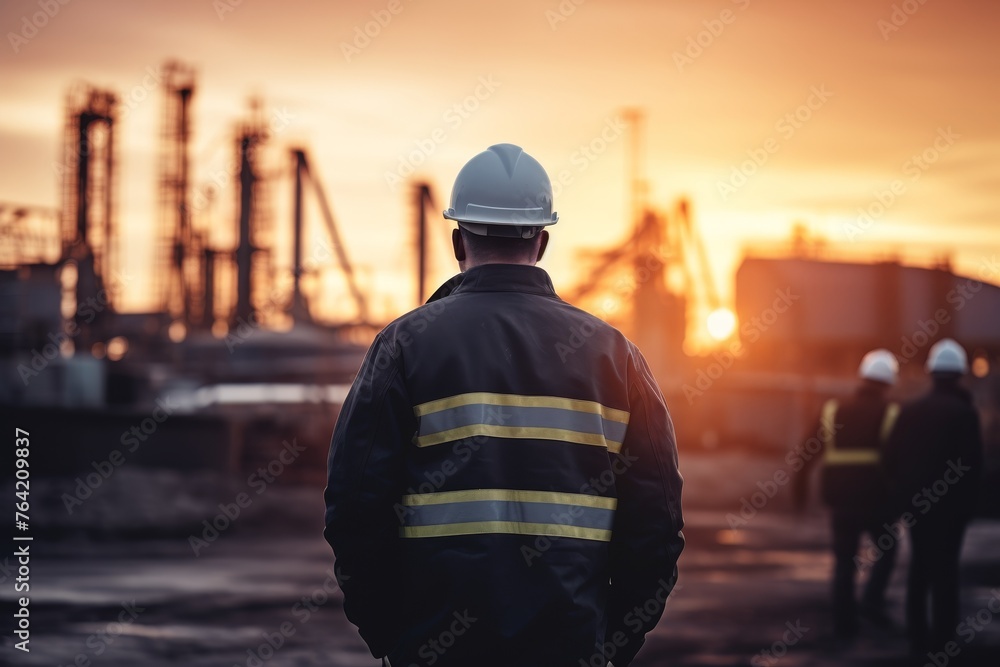 Silhouette of engineering team working at construction site with sunset background Silhouette of engineering team working at construction site with sunset background