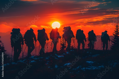 Group of People Hiking Up a Hill at Sunset