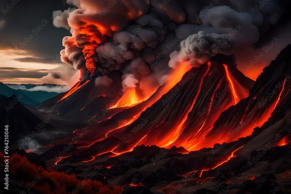 burning fire in the forest, volcanic mountains - obrazy, fototapety, plakaty 