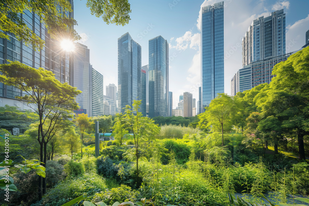 Urban Sustainability,A city with a park in the middle surrounded by tall buildings. The park is lush and green, with trees and bushes. sky is clear and sunny, creating a peaceful and serene atmosphere Urban Sustainability,A city with a park in the middle surrounded by tall buildings. The park is lush and green, with trees and bushes. sky is clear and sunny, creating a peaceful and serene atmosphere