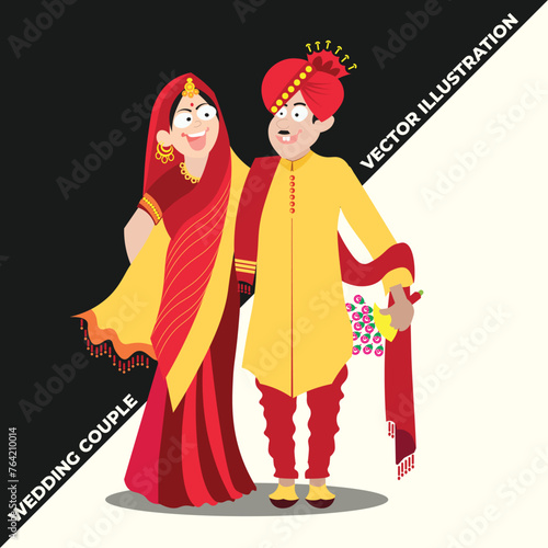Indian wedding couple in traditional attire, caricature cartoon illustration, wedding cards and stationery