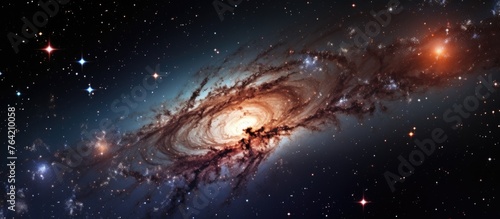 A tight shot portraying a spiral galaxy against a backdrop of numerous distant twinkling stars