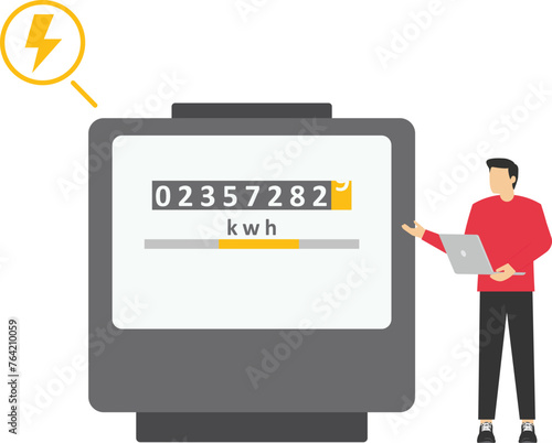 Character monitoring private electricity meter and calculating household utility bill. Woman writes the electricity meter readings. Home energy efficiency audit concept. Vector illustration.


