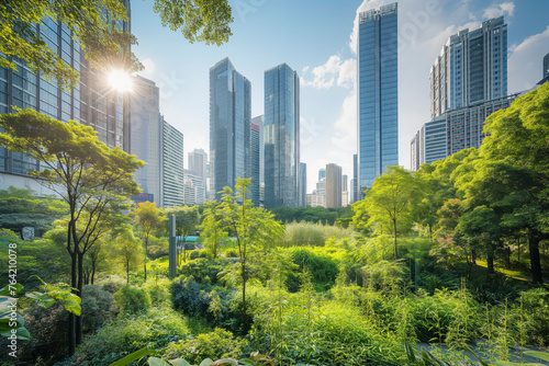 Urban Sustainability,A city with a park in the middle surrounded by tall buildings. The park is lush and green, with trees and bushes. sky is clear and sunny, creating a peaceful and serene atmosphere