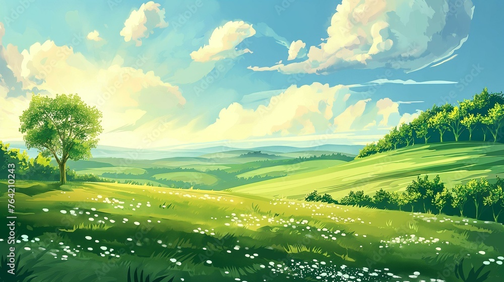 Idyllic Summer Landscape with Lush Green Fields and Blue Skies