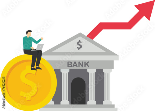 Economic, Banking business growth. Bank building with money bag and coins. Growth arrow like upward steps.


