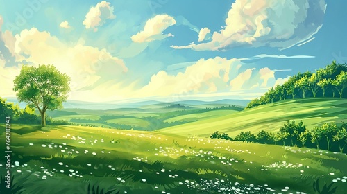 Idyllic Summer Landscape with Lush Green Fields and Blue Skies