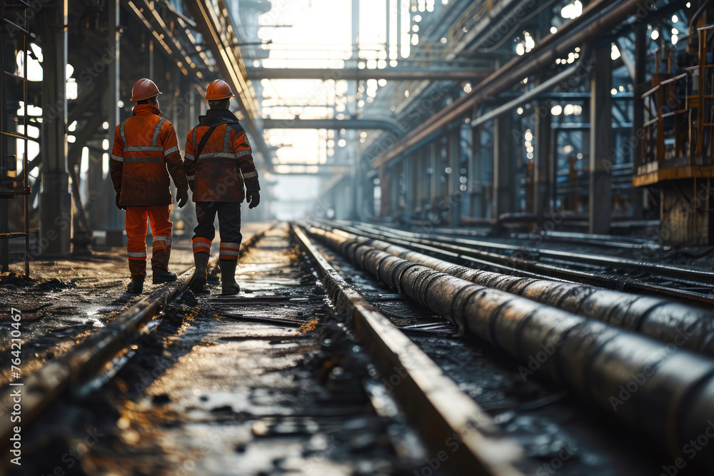 Industrial Workers Conversing at Refinery Plant.