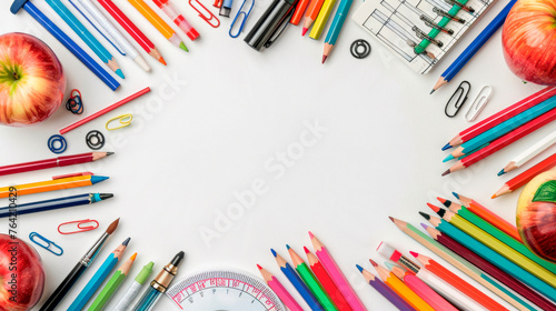 A circle of pencils surrounds an apple and a stopwatch, with various other school supplies scattered around. border frame. First bell. School event. Banner. Copy space