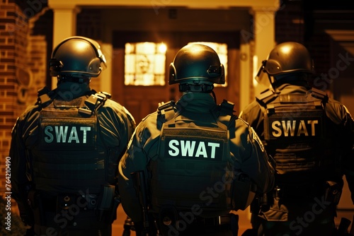 Swat team officers standing in front of a house