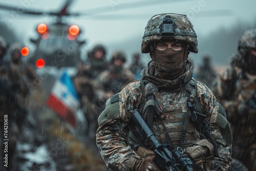 A soldier stands in focus, clad in camouflage gear with a blurred helicopter and flag in the background, evoking a sense of readiness and defense photo