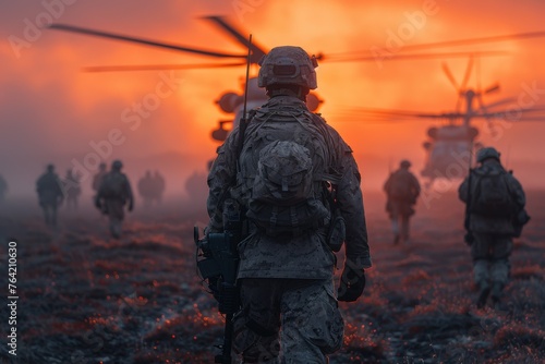 Silhouette of soldiers marching with backpacks against a sunset, helicopters overhead, conveying effort and teamwork in a mission © svastix