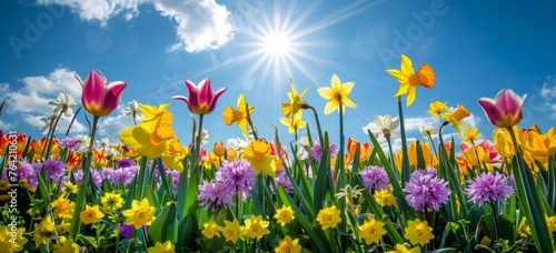 Colorful spring flowers like daffodils, tulips and purple cosmos in the foreground with a blue sky background and sun rays Generative AI