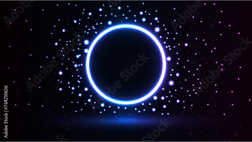 Neon ring shaped glowing circle with particles.Dark wallpaper vector illustration.