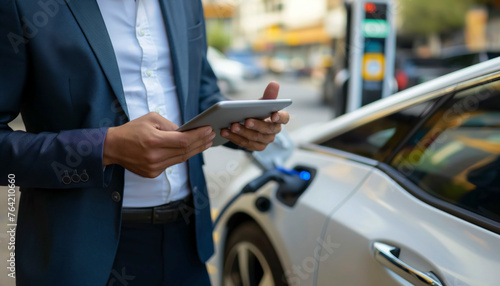 electric vehicle charging station, A man in a suit holding a tablet in front of a white car. The man is likely checking the car's battery or charging status © BrightSpace