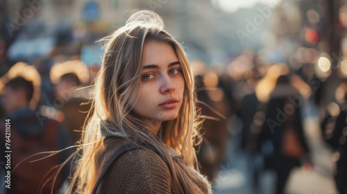photography of busy street, a lot of people, young people, in street style, one beautiful 25-year-old blonde woman facing the camera, eye level, early spring, soft light, left-side lightning