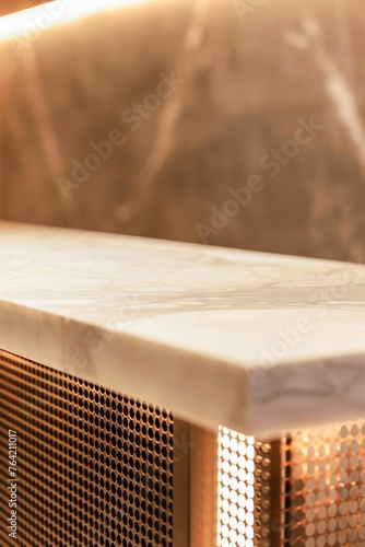 Luxurious Marble Kitchen Bar Detail with Warm Ambient Lighting. Generative ai