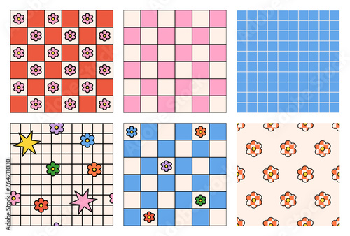 Groovy checkered pattern collection with flowers in rainbow colors. Groovy checkered seamless patterns with vintage aesthetic backgrounds, and psychedelic checkerboard texture. Y2k.  