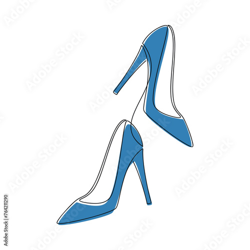 Blue pumps high heels shoes line continuous drawing vector illustration. Hand drawn linear silhouette icon. Fashion print, shop banner, card, wall art poster, brochure.