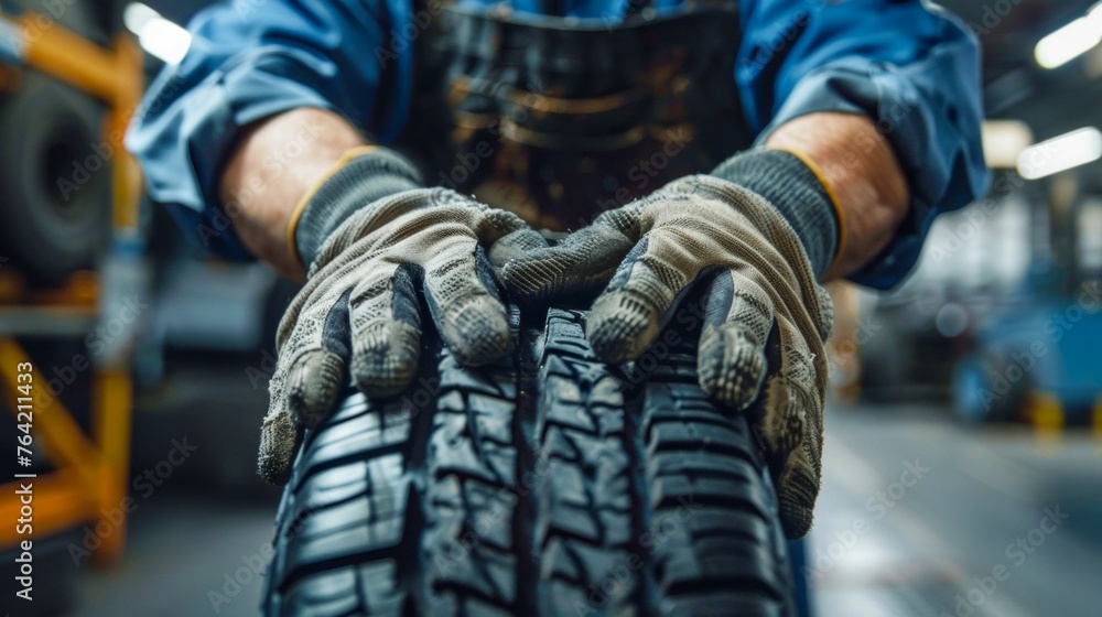 Mechanic's Expert Hands Evaluating High-Quality Car Tires. Generative ai Mechanic's Expert Hands Evaluating High-Quality Car Tires. Generative ai