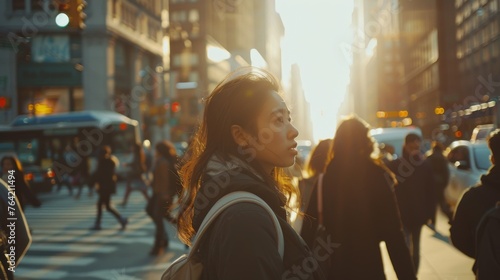 photography of busy street, a lot of people, young people, in street style, one beautiful 25-year-old blonde woman facing the camera, eye level, early spring, soft light, left-side lightning