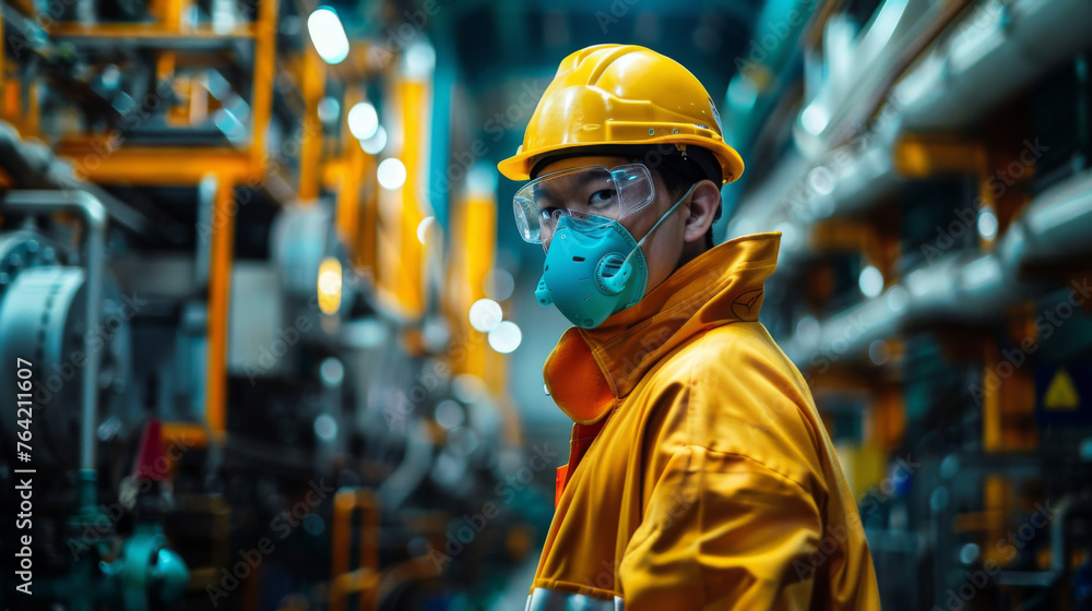 An industrial worker in a yellow suit and protective mask stands inside a busy factory environment. An industrial worker in a yellow suit and protective mask stands inside a busy factory environment.