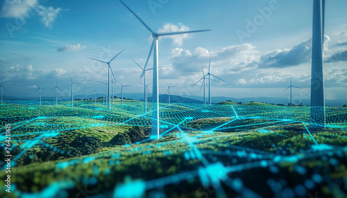 wind turbines,Clean energy sustainable future,digital circuitry patterns symbolizing innovation, reducing carbon emissions greener planet, blue tone, innovation,progress, renewable energy technology