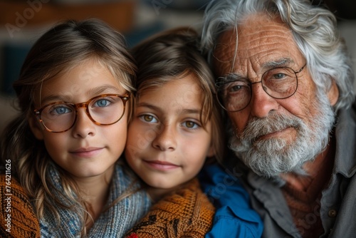 A close-up portrait of a loving grandfather with his arms around his two grandchildren depicts deep family bonds