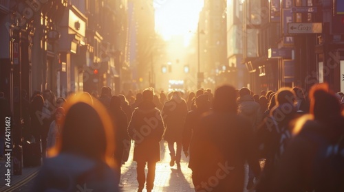 photography of busy street, a lot of people, young people, in street style, one beautiful 25-year-old blonde woman facing the camera, eye level, early spring, soft light, left-side lightning