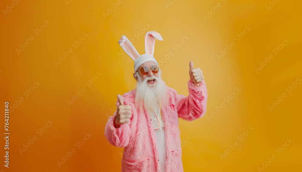 funny happy smiling easter senior bunny on yellow background