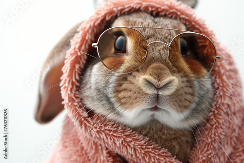 Portrait of hare wearing sunglasses and bathrobe.