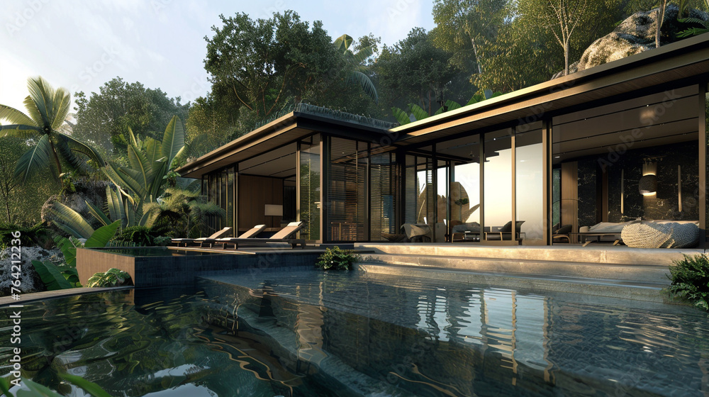 A captivating depiction of a contemporary villa featuring clean lines and expansive windows, with a crystal-clear pool set against the backdrop of lush greenery, 