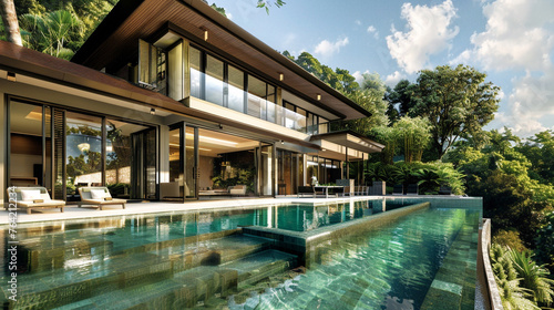 Wallpaper Mural A captivating depiction of a contemporary villa featuring clean lines and expansive windows, with a crystal-clear pool set against the backdrop of lush greenery,  Torontodigital.ca