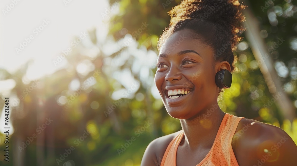 technology, sport and people concept - happy smiling young african american woman with fitness - obrazy, fototapety, plakaty 