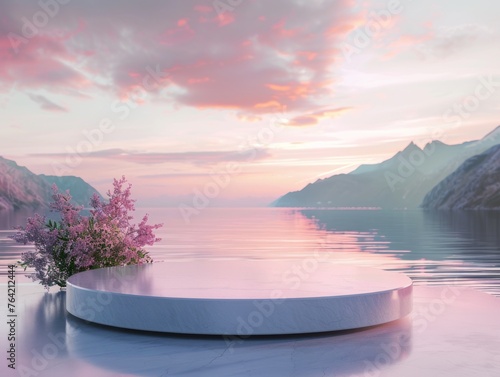 3d render natural beauty podium with sky and sunset view background for product display