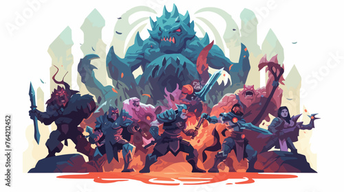 A group of adventurers battling a horde of monsters