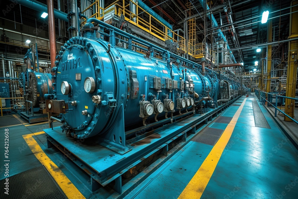 Wide angle view of large industrial blue boilers in a complex manufacturing plant facility