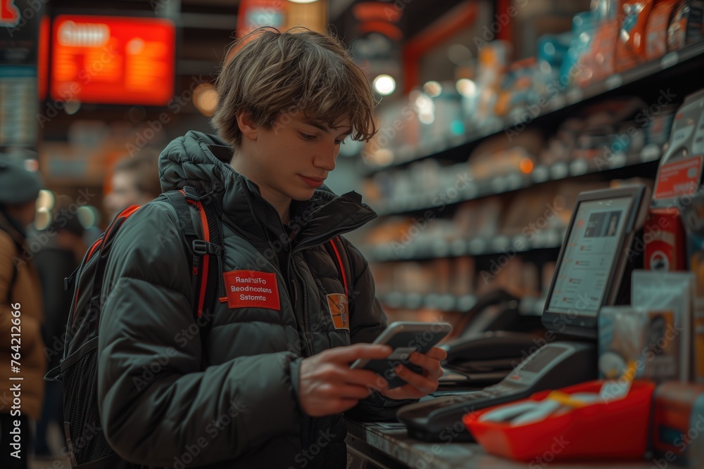 A young customer is focused on smartphone payment at a self-checkout terminal in a contemporary urban store A young customer is focused on smartphone payment at a self-checkout terminal in a contemporary urban store